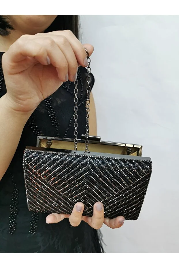 Kadın Siyah Taşlı Abiye Clutch Portföy El Gece Düğün Nişan Çantası